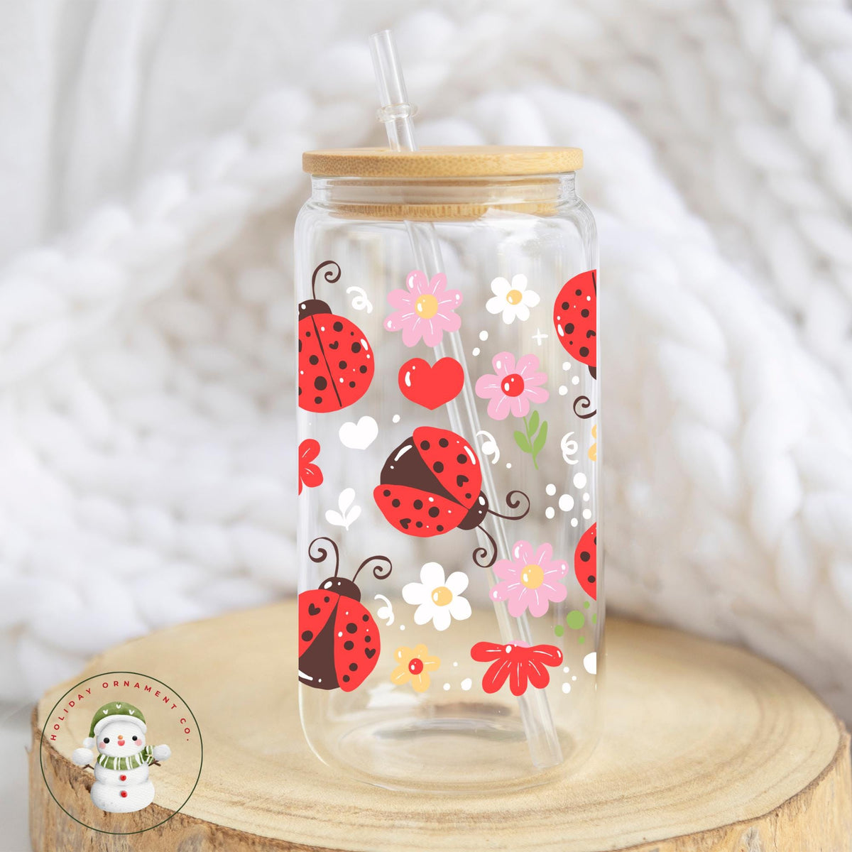 Floral Ladybug Libbey Glass Cup: Summer Iced Coffee Tumbler
