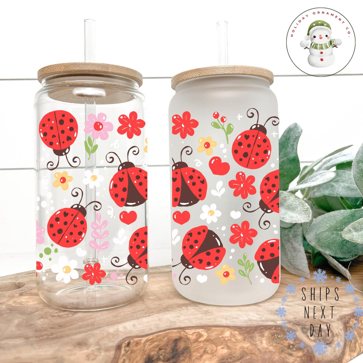 Floral Ladybug Libbey Glass Cup: Summer Iced Coffee Tumbler