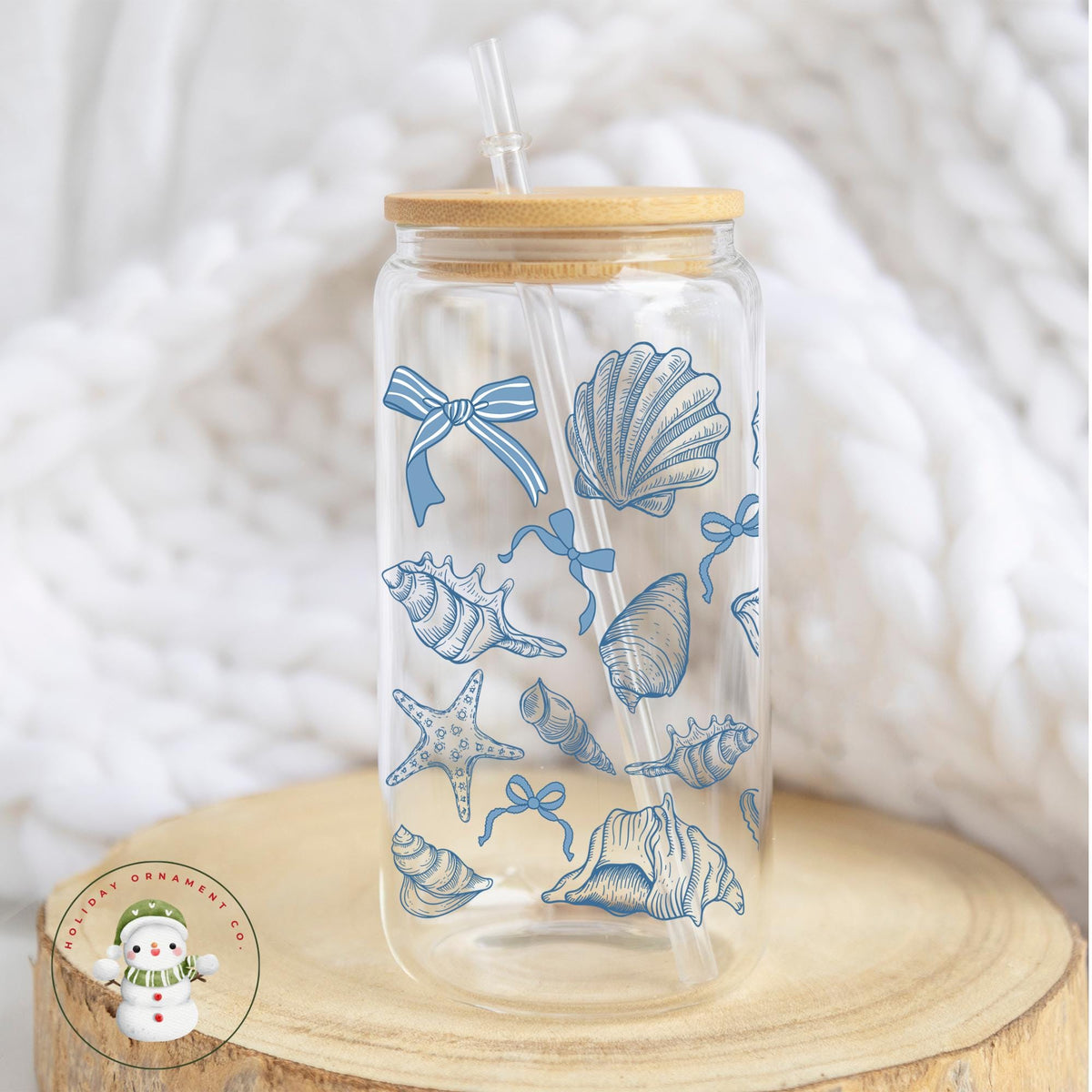 Blue Seashells Glass Tumbler Cup | Cute Beach Theme Iced Coffee Cup | 16 Oz/20 Oz | Summer Ice Coffee Libbey Cup Lid Straw