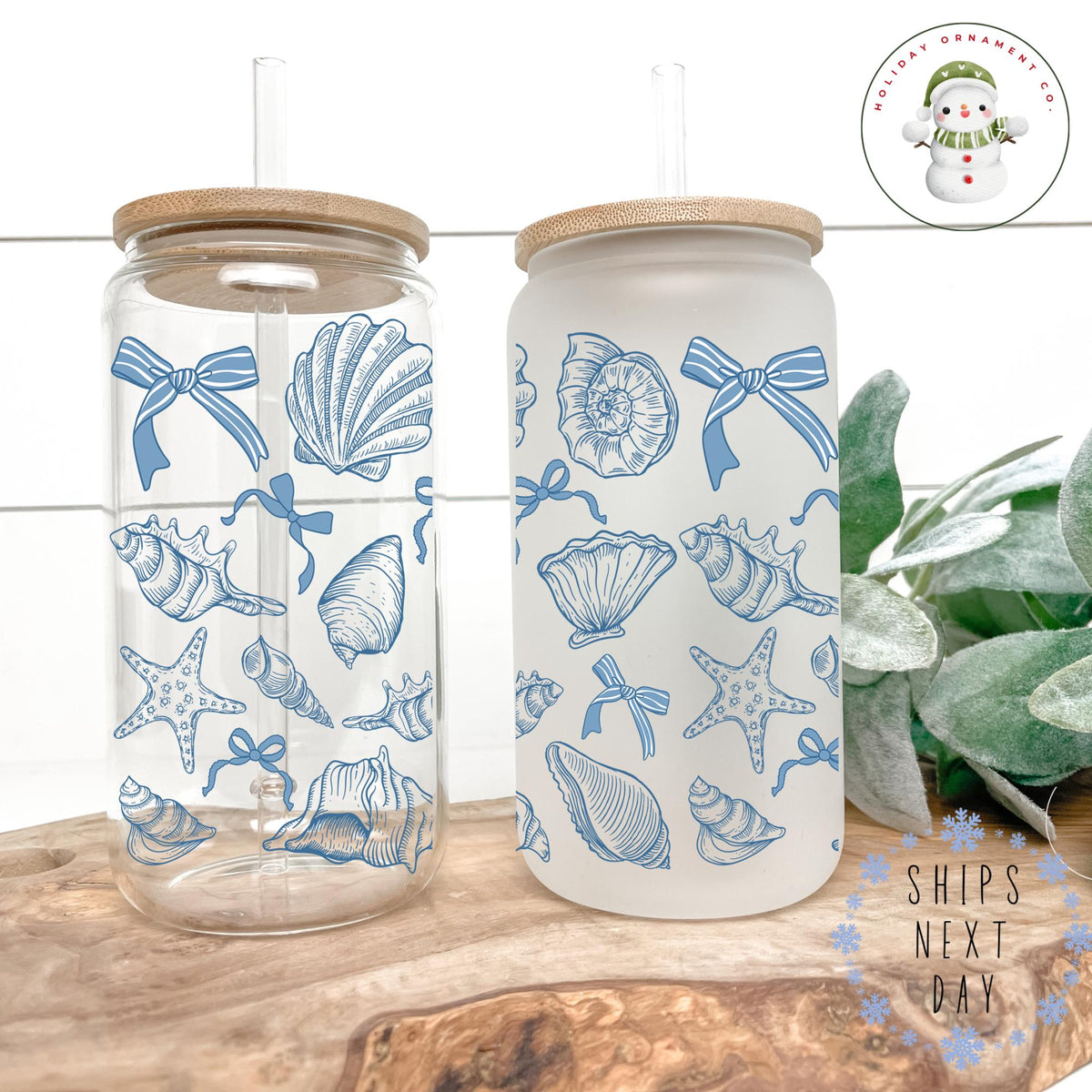 Blue Seashells Glass Tumbler Cup | Cute Beach Theme Iced Coffee Cup | 16 Oz/20 Oz | Summer Ice Coffee Libbey Cup Lid Straw