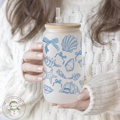 Blue Seashells Glass Tumbler Cup | Cute Beach Theme Iced Coffee Cup | 16 Oz/20 Oz | Summer Ice Coffee Libbey Cup Lid Straw