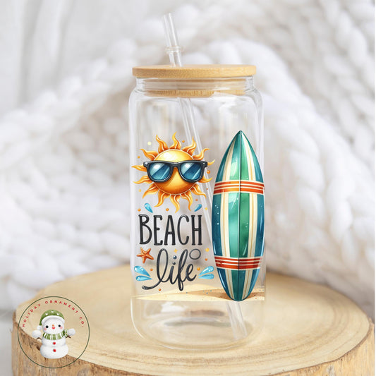 Beach Life Coffee Glass Tumbler With Lid & Straw (16/20 Oz)
