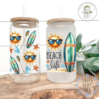 Beach Life Coffee Glass Tumbler With Lid & Straw (16/20 Oz)