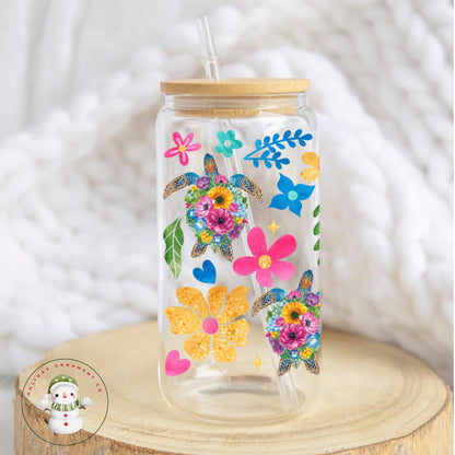 Hawaii Turtle Iced Coffee Glass Tumbler With Bamboo Lid (16/20 Oz)