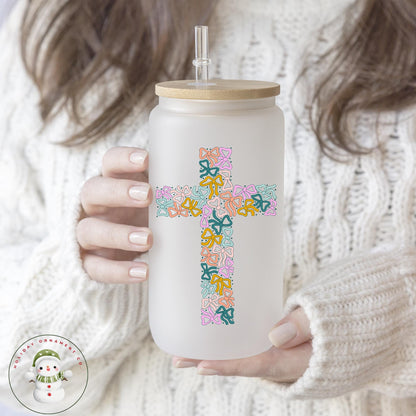 Personalized Bow Cross Glass Libbey Cup: Easter Iced Coffee Cup