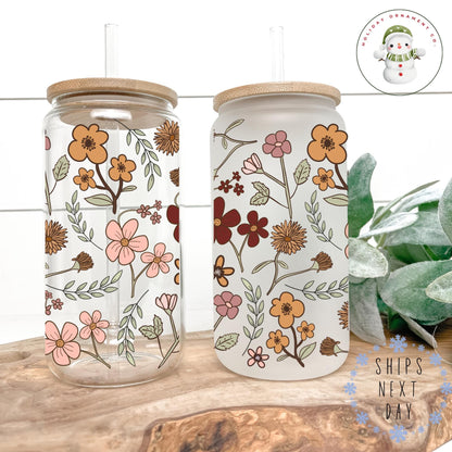 Boho Wildflower Glass Tumbler With Bamboo Lid & Straw (16/20 Oz)