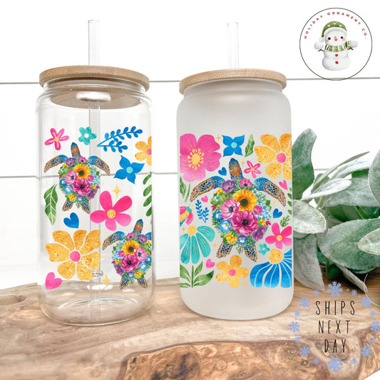 Hawaii Turtle Iced Coffee Glass Tumbler With Bamboo Lid (16/20 Oz)