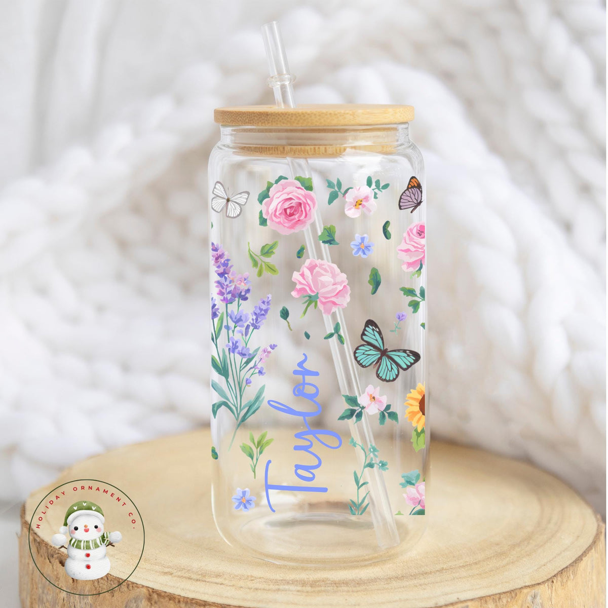 Personalized Butterfly Flower Glass Cup: Iced Coffee Tumbler With Lid & Straw