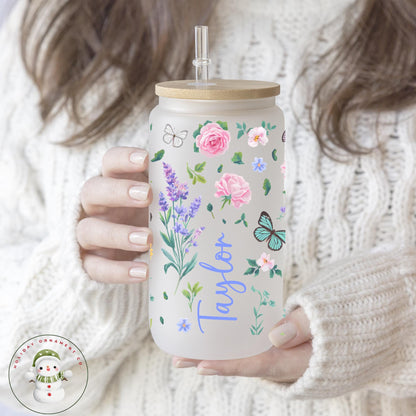 Personalized Butterfly Flower Glass Cup: Iced Coffee Tumbler With Lid & Straw
