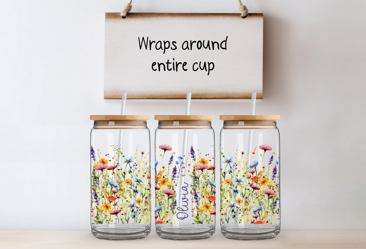 Personalized Wildflower Glass Tumbler: Boho Iced Coffee Cup