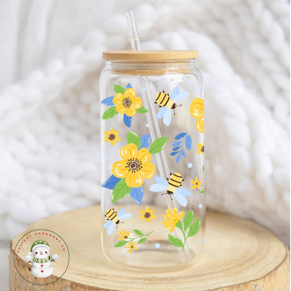 Flowers And Bumblebees Glass Tumbler Cup | Summer Hostess Gift Iced Coffee  | 16 Oz/20 Oz | Gift For Her | Party Favors