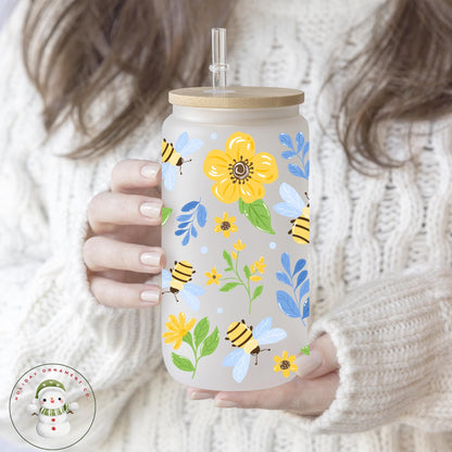 Flowers And Bumblebees Glass Tumbler Cup | Summer Hostess Gift Iced Coffee  | 16 Oz/20 Oz | Gift For Her | Party Favors
