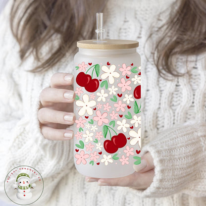 Cherries And Flowers Glass Libbey Cup | 4th Of July Tumbler Iced Coffee Cup | 16 Oz/20 Oz | Summer Cup Lid Straw