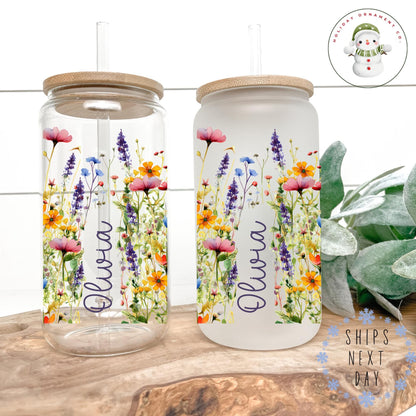 Personalized Wildflower Glass Tumbler: Boho Iced Coffee Cup
