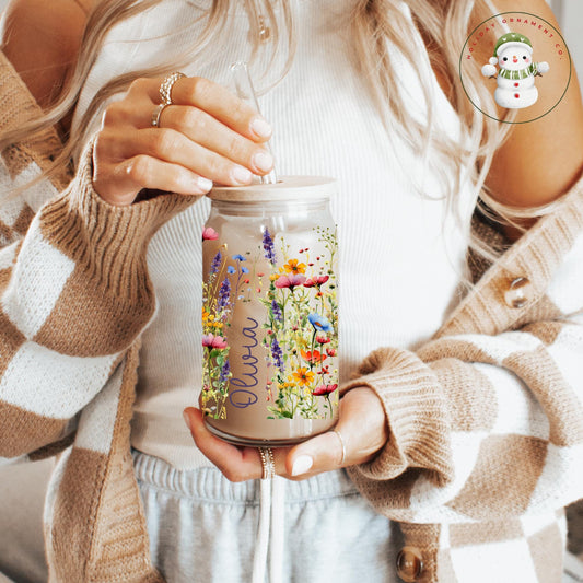 Personalized Wildflower Glass Tumbler: Boho Iced Coffee Cup