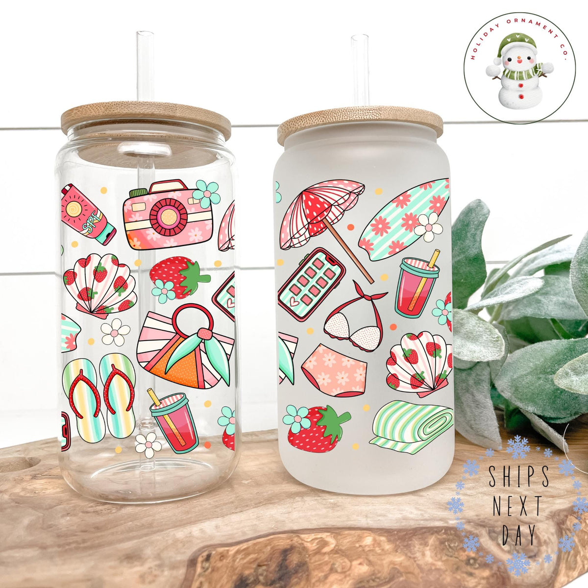 Strawberry Libbey Glass Cup: Summer Beach Theme Iced Coffee - 16oz/20oz