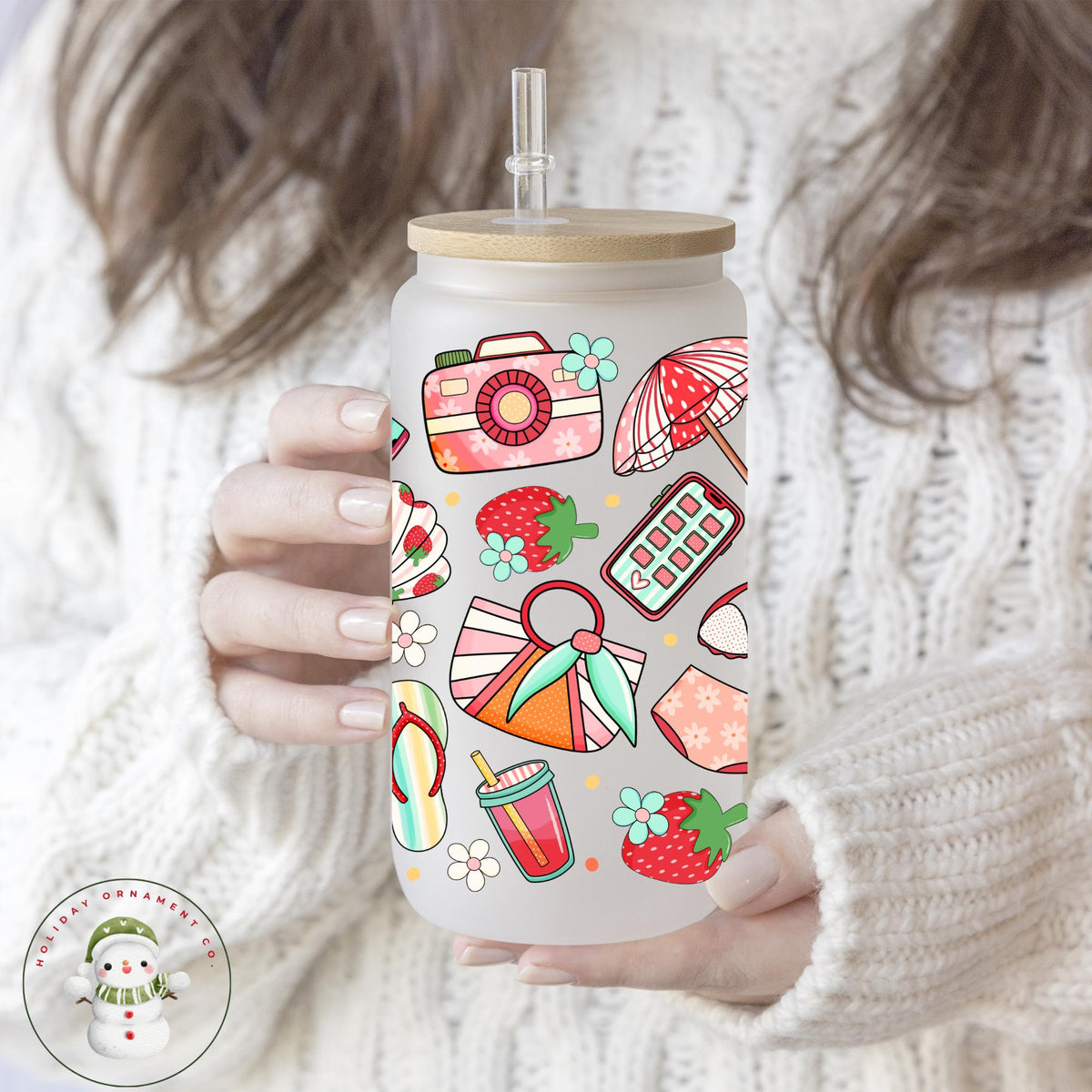 Strawberry Libbey Glass Cup: Summer Beach Theme Iced Coffee - 16oz/20oz