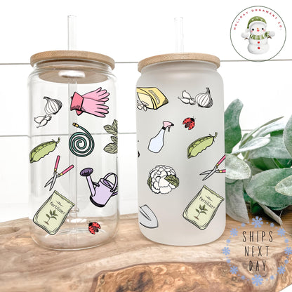 Gardening Theme Glass Libbey Cup: Iced Coffee Tumbler With Bamboo Lid