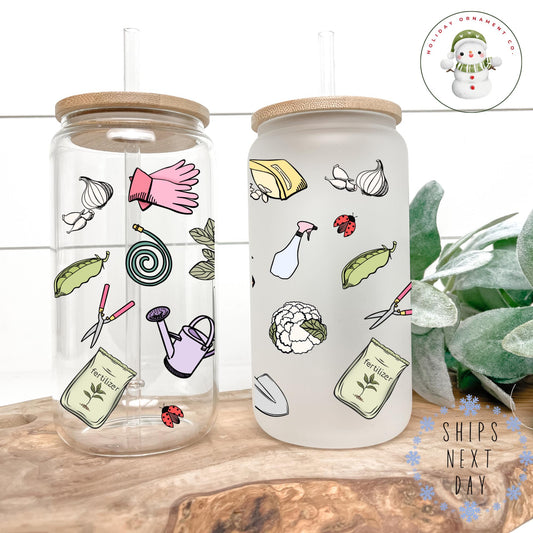 Gardening Theme Glass Libbey Cup: Iced Coffee Tumbler With Bamboo Lid