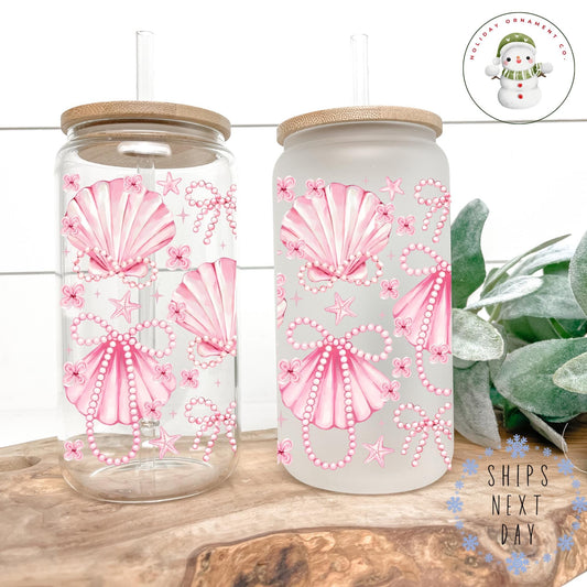 Pink Seashell Pearl Libbey Cup: Iced Coffee Glass Tumbler