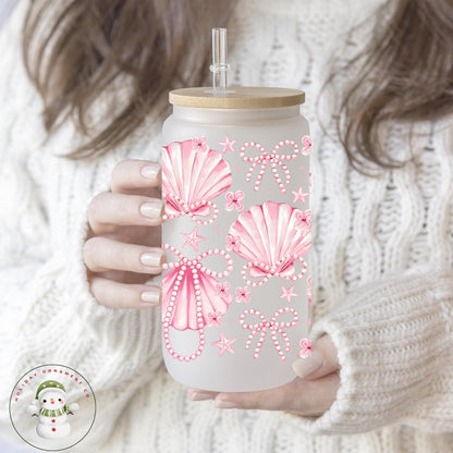 Pink Seashell Pearl Libbey Cup: Iced Coffee Glass Tumbler