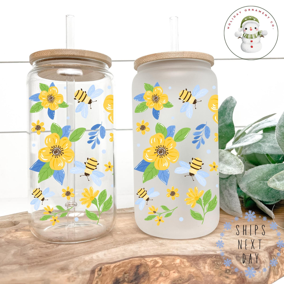 Flowers And Bumblebees Glass Tumbler Cup | Summer Hostess Gift Iced Coffee  | 16 Oz/20 Oz | Gift For Her | Party Favors