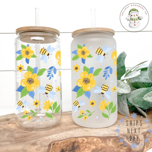 Flowers And Bumblebees Glass Tumbler Cup | Summer Hostess Gift Iced Coffee  | 16 Oz/20 Oz | Gift For Her | Party Favors