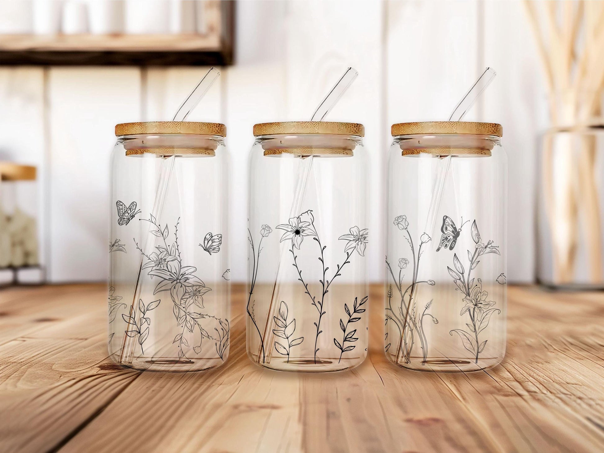 Wild Flowers Glass Tumbler, Floral Jar Tumbler, Frosted Glass Tumbler, 16oz Glass Cup With Straw & Lid, Iced Coffee Glass Cup, Gift For Mom