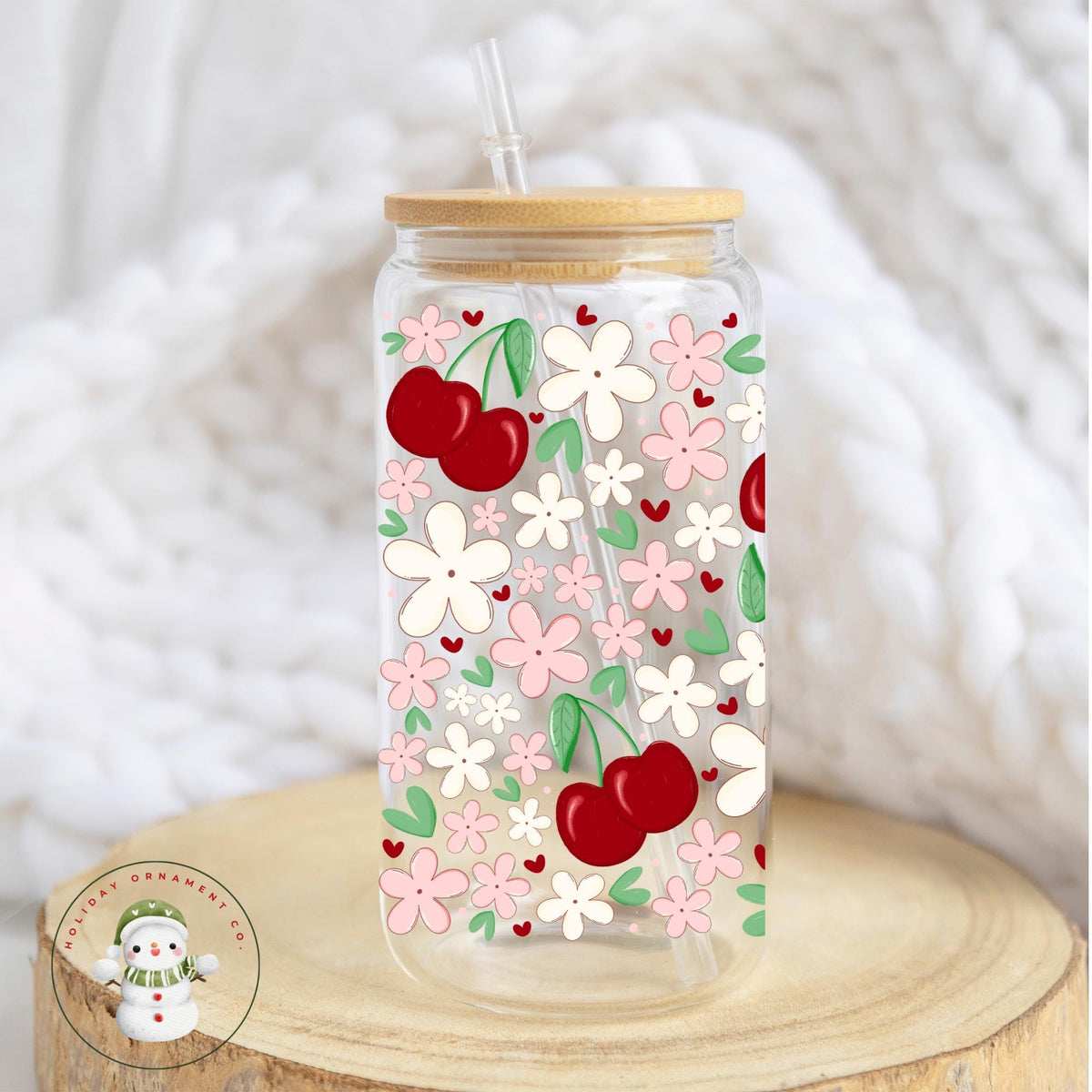 Cherries And Flowers Glass Libbey Cup | 4th Of July Tumbler Iced Coffee Cup | 16 Oz/20 Oz | Summer Cup Lid Straw