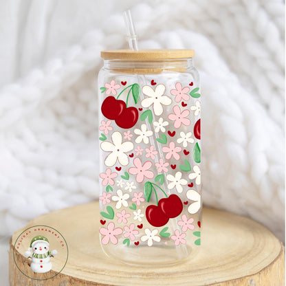 Cherries And Flowers Glass Libbey Cup | 4th Of July Tumbler Iced Coffee Cup | 16 Oz/20 Oz | Summer Cup Lid Straw
