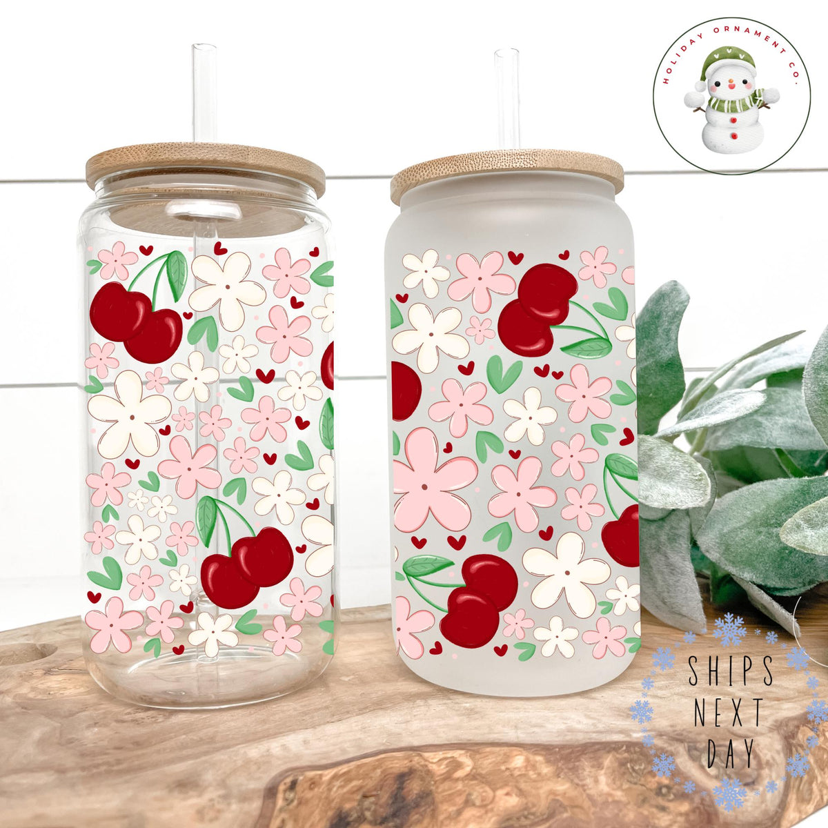Cherries And Flowers Glass Libbey Cup | 4th Of July Tumbler Iced Coffee Cup | 16 Oz/20 Oz | Summer Cup Lid Straw