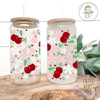 Cherries And Flowers Glass Libbey Cup | 4th Of July Tumbler Iced Coffee Cup | 16 Oz/20 Oz | Summer Cup Lid Straw