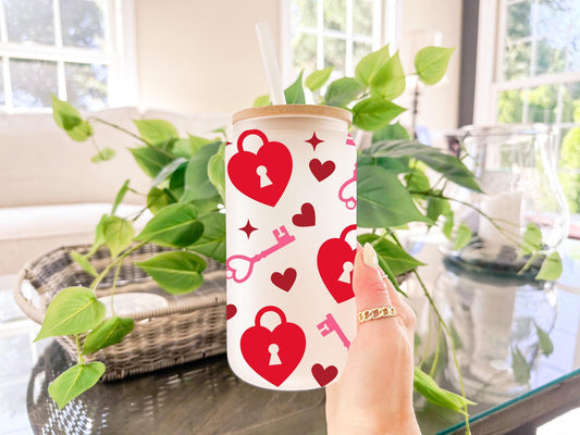 Mason Jar  Cup, Heart Lock Cup, Cute Drinkware, Aesthetic Cup, Romantic Mason Jar, Love Themed Cup, Trendy Glass Mug, Girly Coffee Cup
