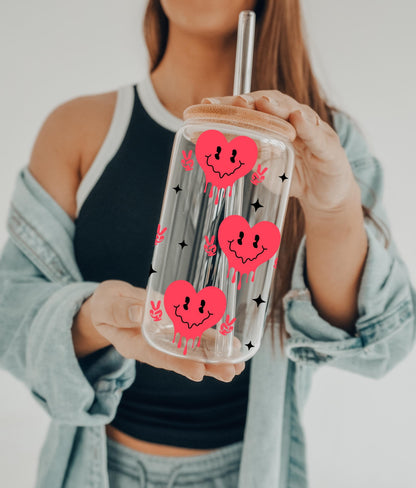 Cute Heart Glass, Iced Coffee Glass, Smiling Hearts  Cup, Glass Jar, Gift For Her, Birthday Gift Glass Cup, Heart  Jar, Perfect Gift Cup