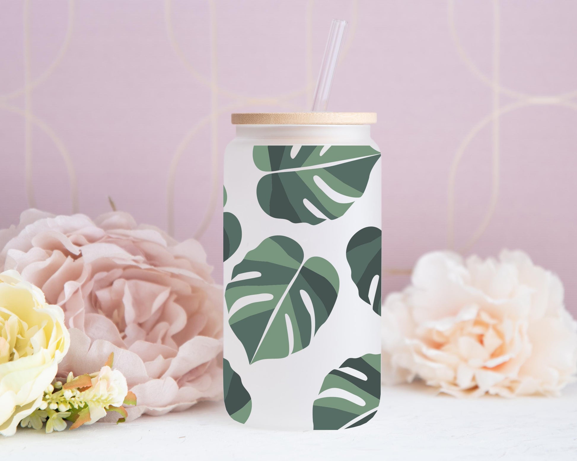 Leaf Mason Jar, Green Leaf Glass Jar, Aesthetic Glass Cup, Jungle Theme Drinkware, Eco-friendly Glass Cup, Gift For Nature Lovers, Gift Her