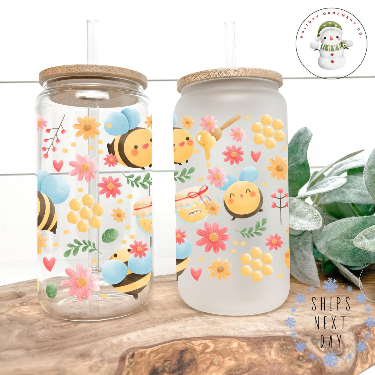 Bumblebee Glass Iced Coffee Cup: Flower Garden Design, Libbey Glass - 16oz/20oz