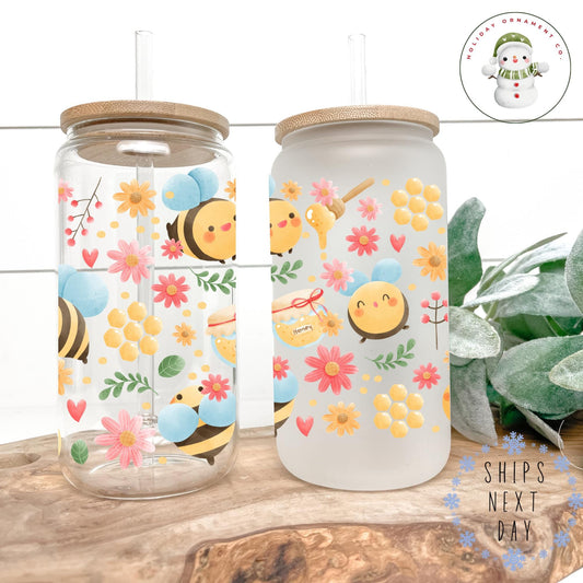 Bumblebee Glass Iced Coffee Cup: Flower Garden Design, Libbey Glass - 16oz/20oz