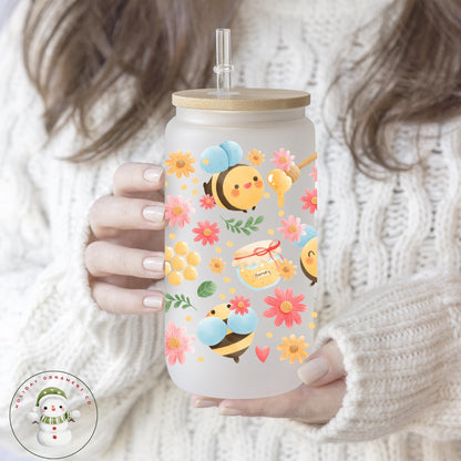 Bumblebee Glass Iced Coffee Cup: Flower Garden Design, Libbey Glass - 16oz/20oz