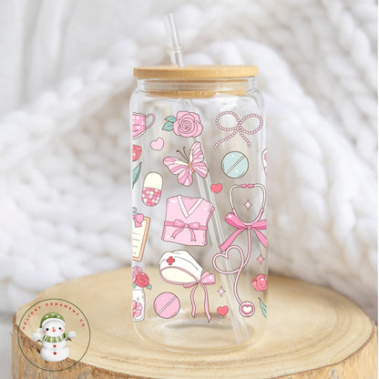 Pink Nursing Glass Coffee Cup: Nurse Appreciation Gift With Bamboo Lid