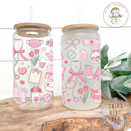 Pink Nursing Glass Coffee Cup: Nurse Appreciation Gift With Bamboo Lid