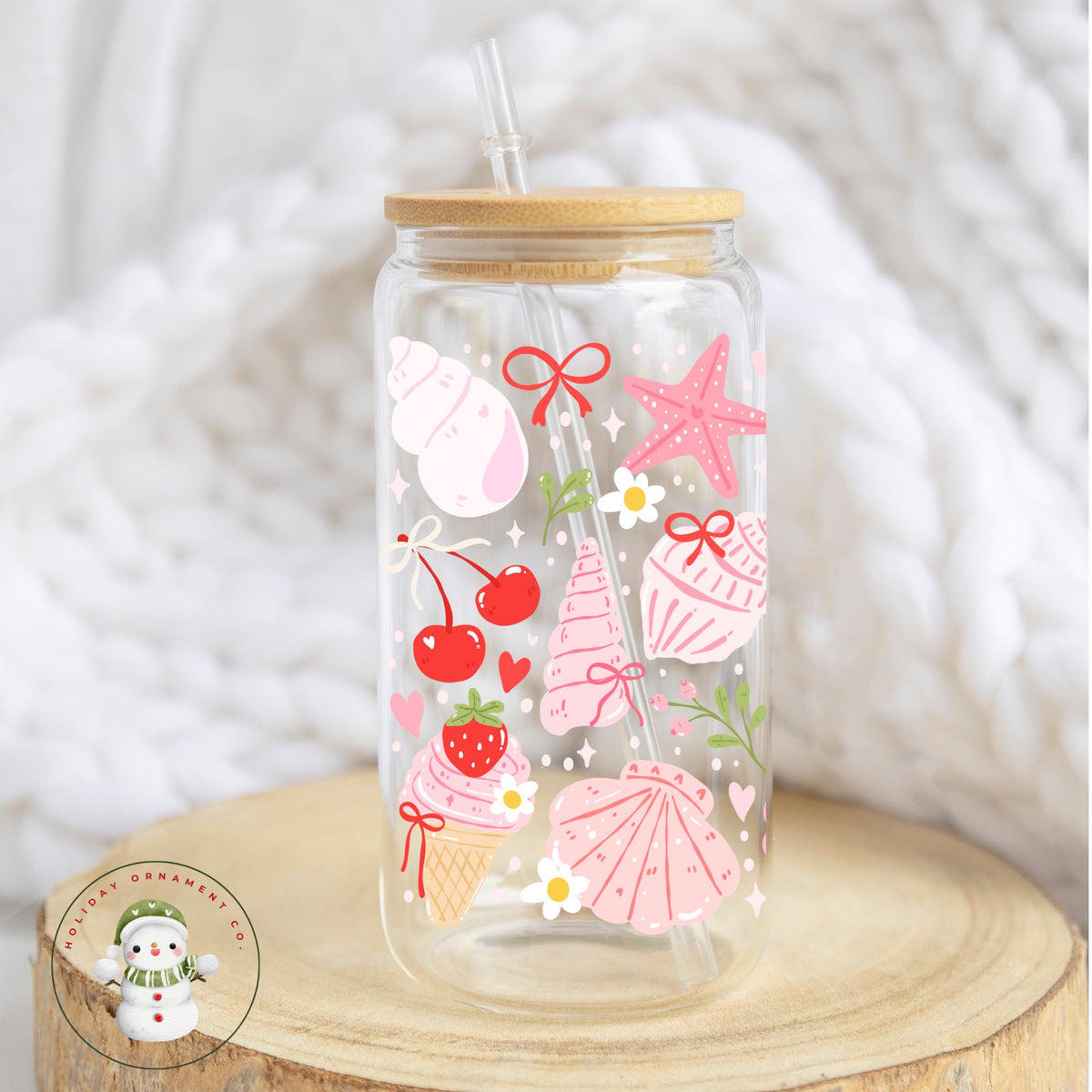 Berry Seashell Glass Libbey Cup: Pink Sea Shell Iced Coffee Cup