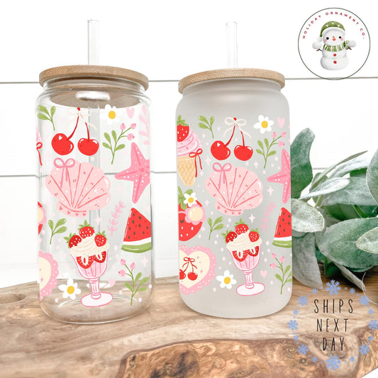 Berry Seashell Glass Libbey Cup: Pink Sea Shell Iced Coffee Cup