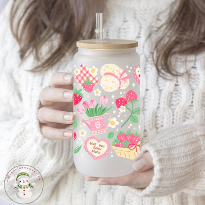 Berry Cute Glass Libbey Cup | Summer Themed Iced Coffee Cup | 16 Oz/20 Oz | Bridal Party Favors | Gift For Her | Summer Party Cup