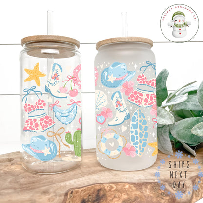 Pastel Cowgirl Glass Libbey Cup: Iced Coffee Tumbler With Bamboo Lid