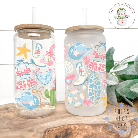 Pastel Cowgirl Glass Libbey Cup: Iced Coffee Tumbler With Bamboo Lid
