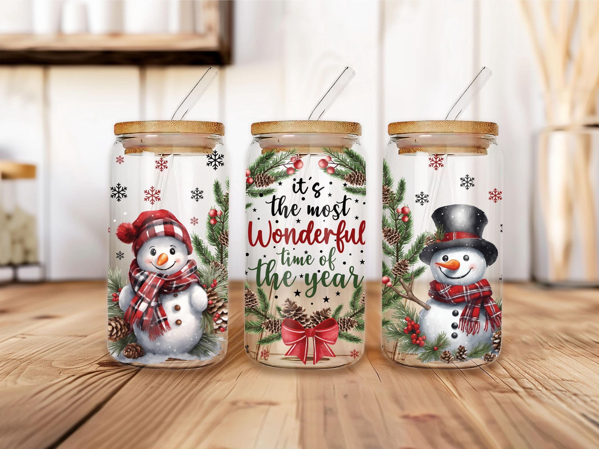 Christmas Clear Glass Tumbler, It's Most Wonderful Time Of The Year, Iced Coffee Frosted Glass Tumbler, 16oz Glass Cup With Straw & Lid