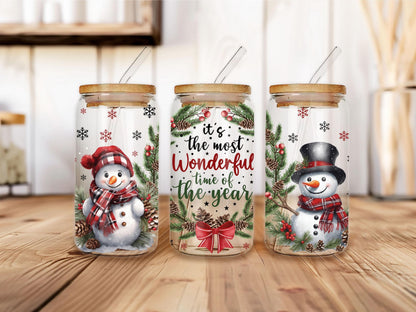 Christmas Clear Glass Tumbler, It's Most Wonderful Time Of The Year, Iced Coffee Frosted Glass Tumbler, 16oz Glass Cup With Straw & Lid
