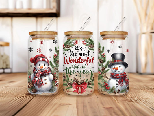 Christmas Clear Glass Tumbler, It's Most Wonderful Time Of The Year, Iced Coffee Frosted Glass Tumbler, 16oz Glass Cup With Straw & Lid
