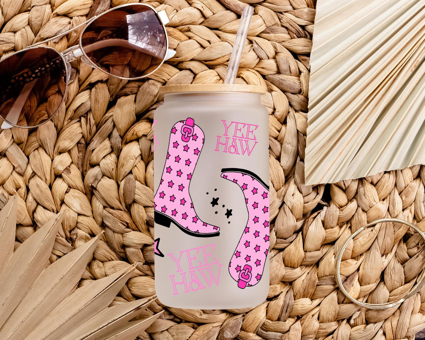 Yee Haw Glass Tumbler With Pink Cowboy Boots And Stars, 16oz Western Cowgirl Cup With Bamboo Lid, Cute Country Girl Gift, Gift For Her