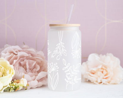 Minimal Floral Glass Tumbler, Bamboo Lid And Straw, White Line Botanical Design Coffee Cup, White Floral Glass Tumbler, Clean Aesthetic  Cup
